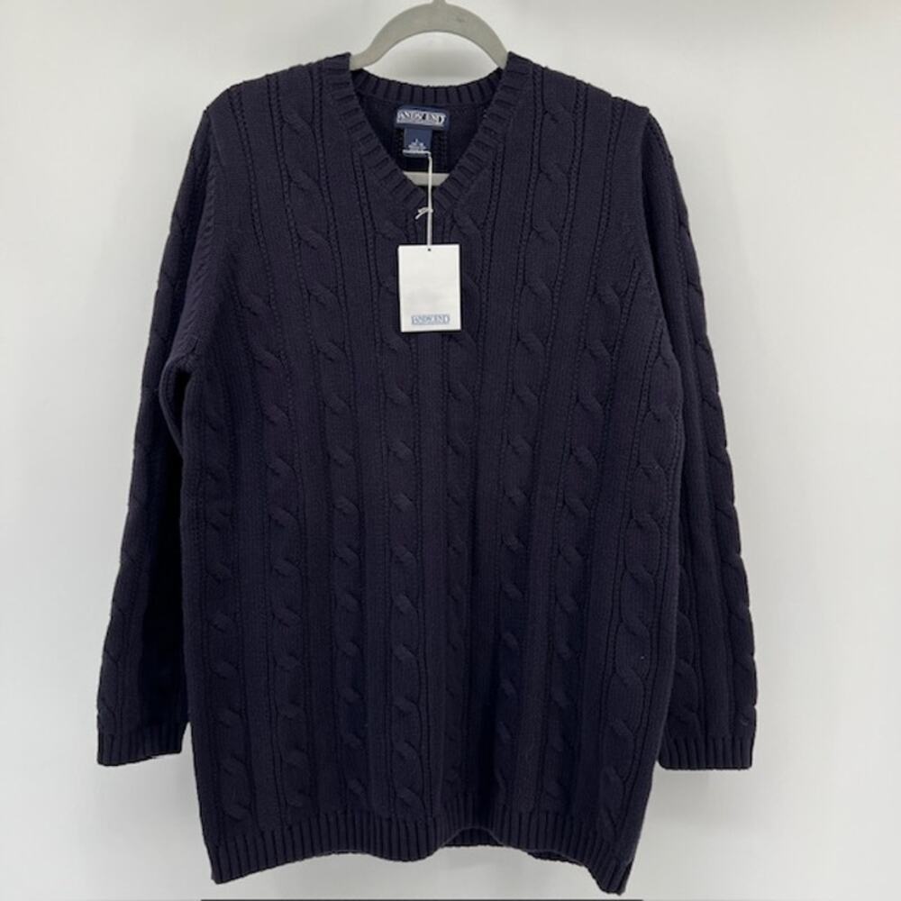NWOT Lands' End Cable Knit V Neck Sweater Womens L Navy Blue 100% Cotton